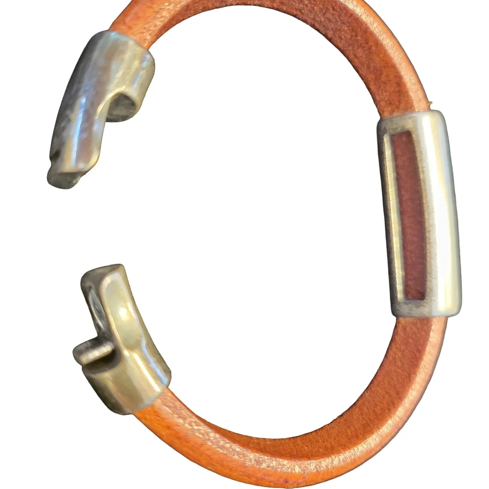 Brown Leather Greek Key Meander Magnetic Closure Cuff Bracelet OS